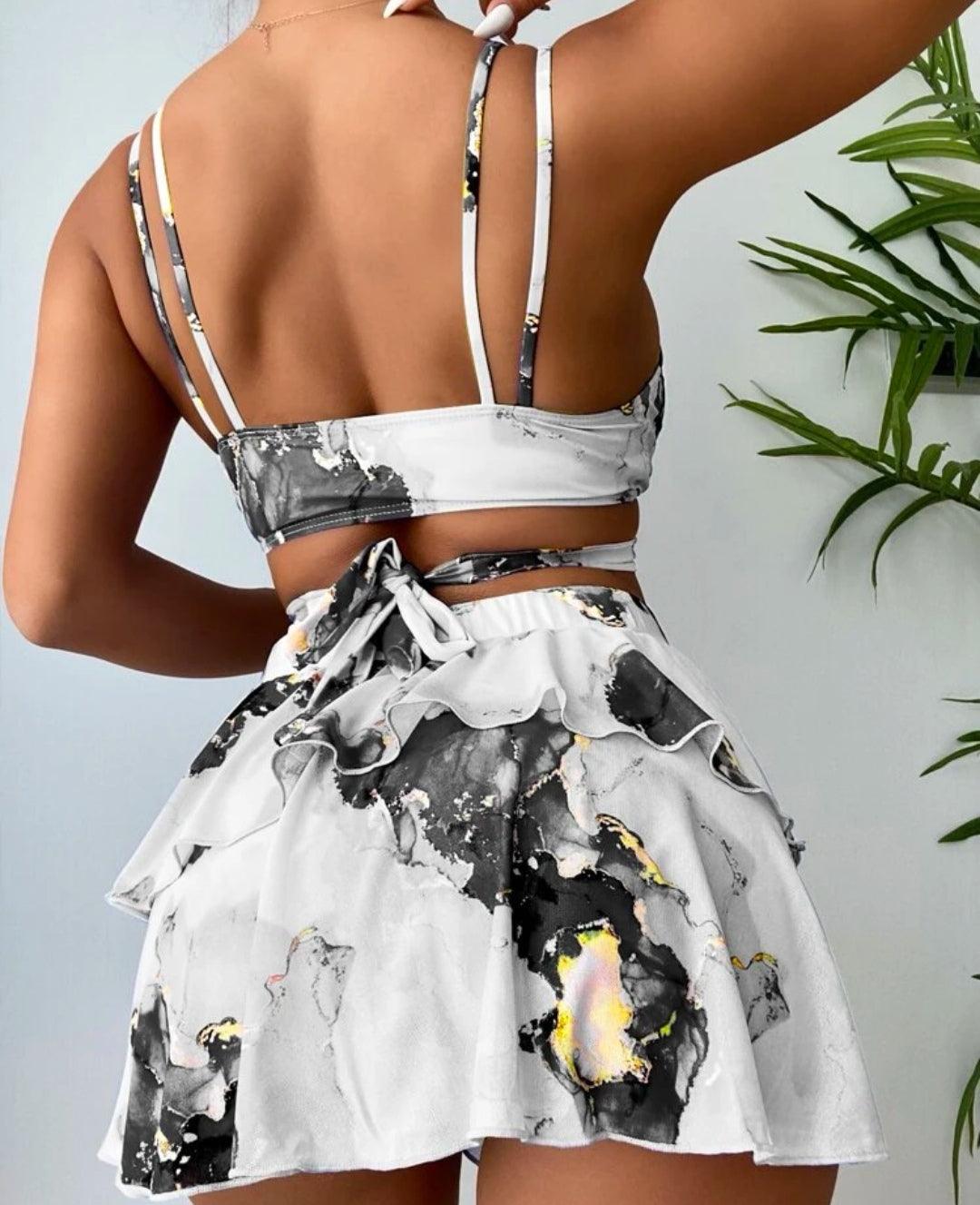 Ensemble de bikini à imprimé marbré croisé sangle & Jupe de plage - Santorini Shop