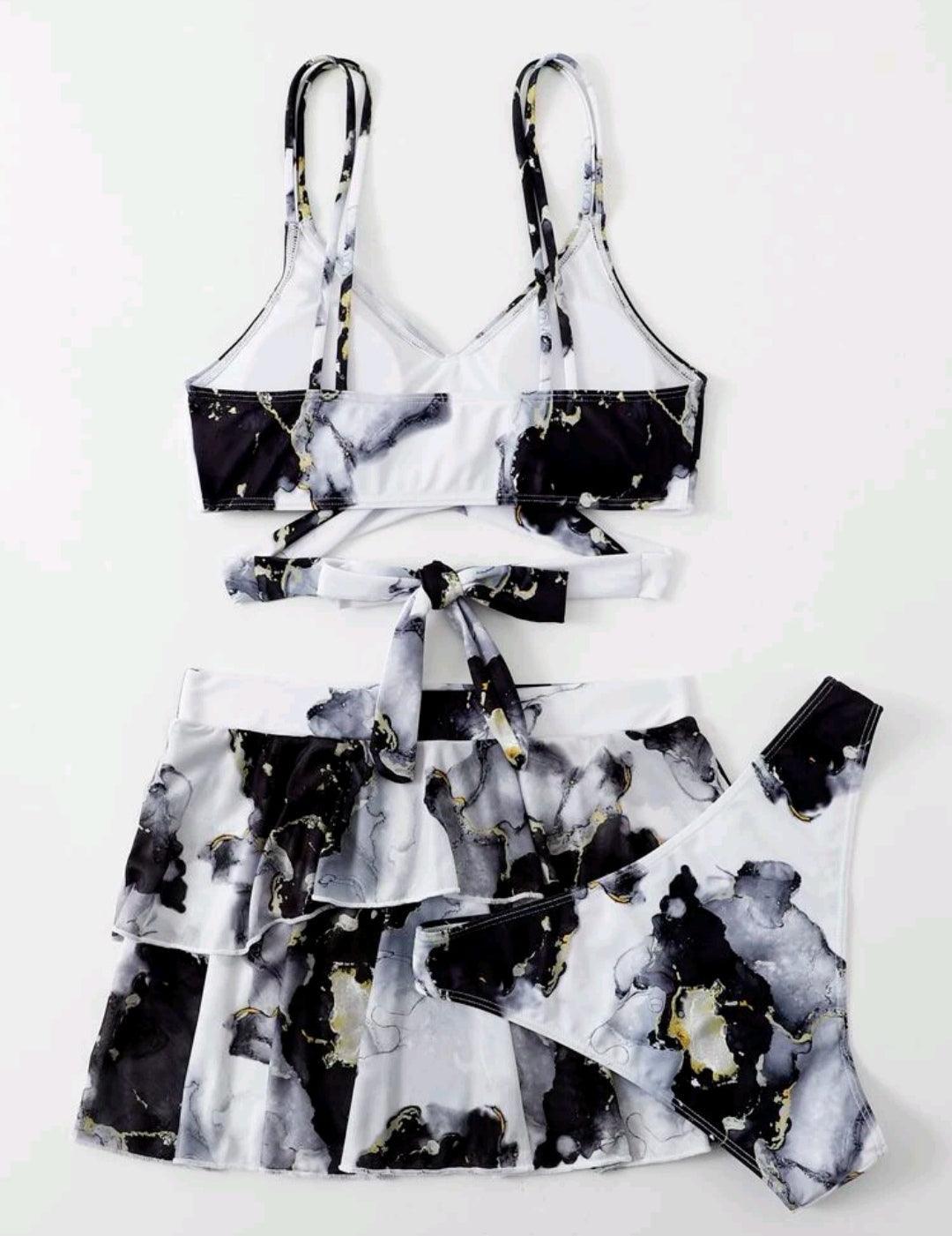 Ensemble de bikini à imprimé marbré croisé sangle & Jupe de plage - Santorini Shop