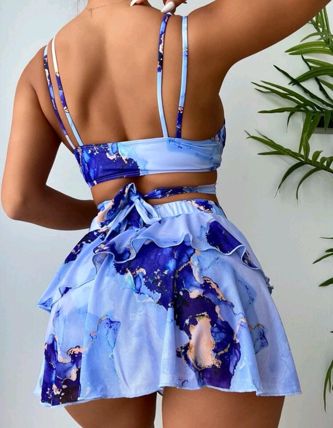 Ensemble de bikini à imprimé marbré croisé sangle & Jupe de plage - Santorini Shop