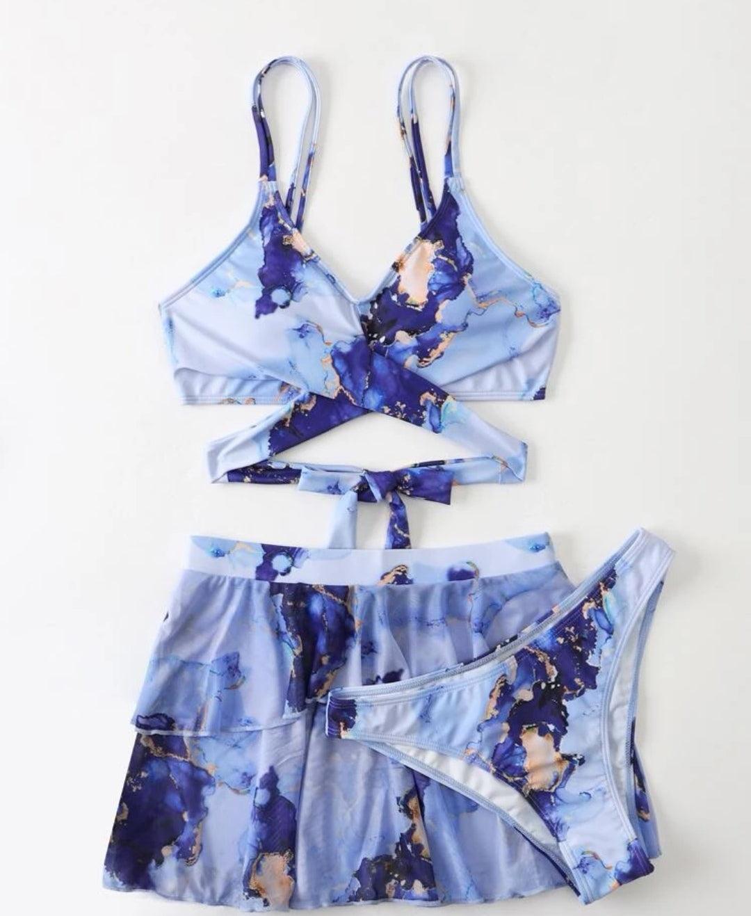 Ensemble de bikini à imprimé marbré croisé sangle & Jupe de plage - Santorini Shop