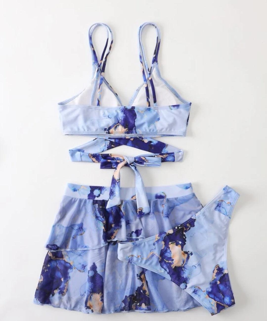 Ensemble de bikini à imprimé marbré croisé sangle & Jupe de plage - Santorini Shop