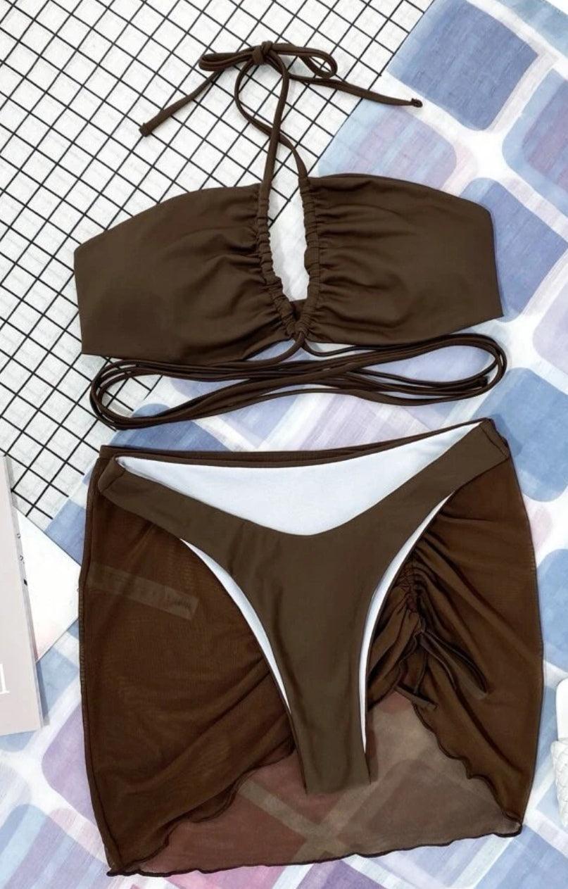 3 pièces Bikini unicolore à nœud & Jupe de plage - Santorini Shop