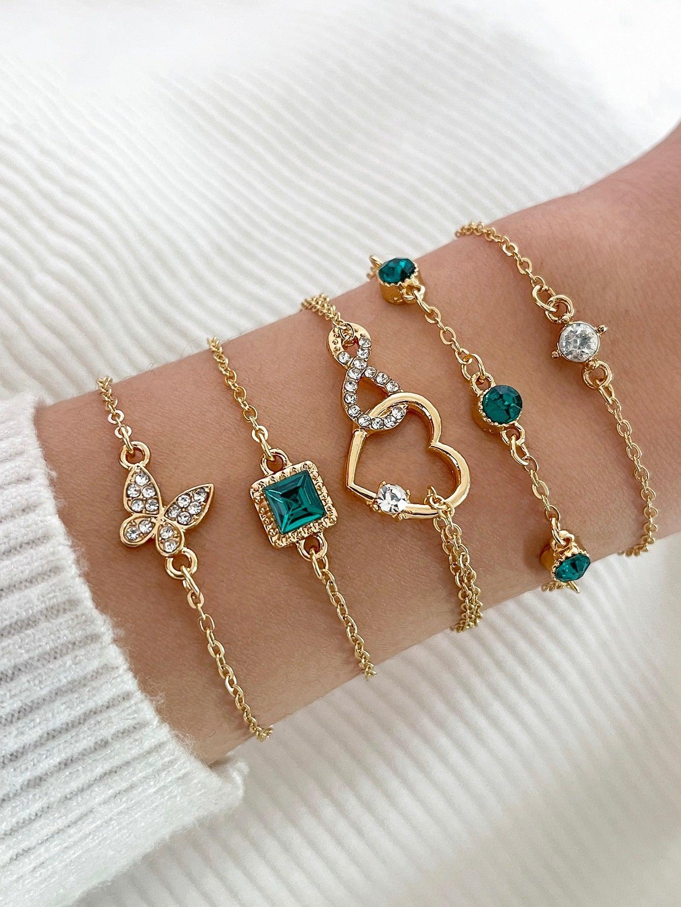 5 pièces set Bracelet à strass papillon et cœur - Santorini Shop