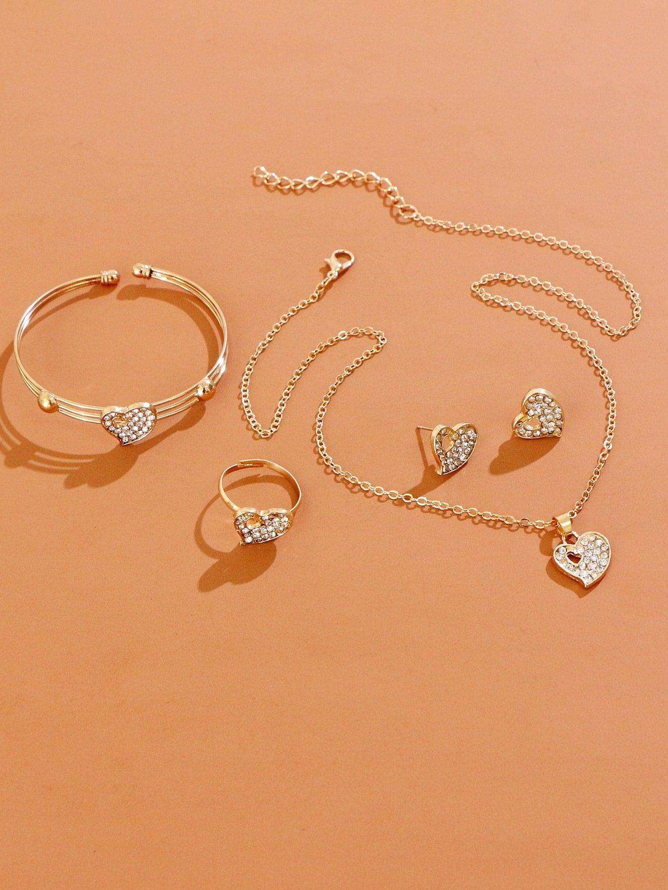 5 pièces set de bijoux à strass à détail cœur - Santorini Shop