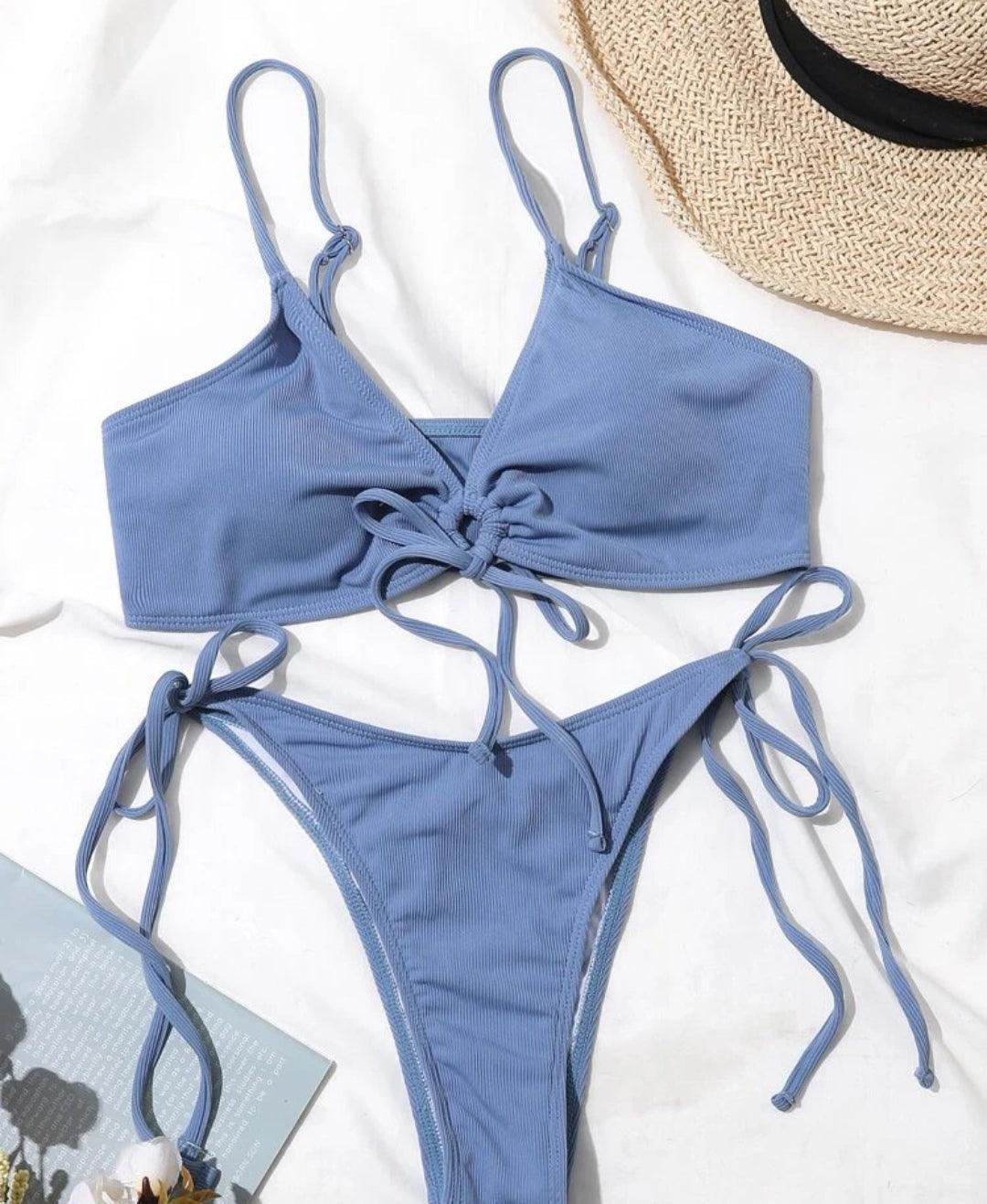 Bikini unicolore côtelé à nœud - Santorini Shop
