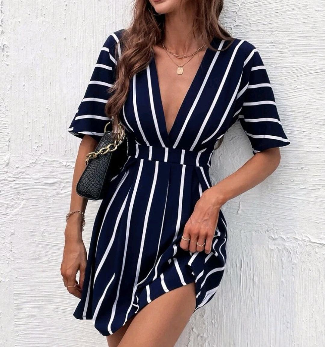 Robe à rayures décolleté à plis - Santorini Shop