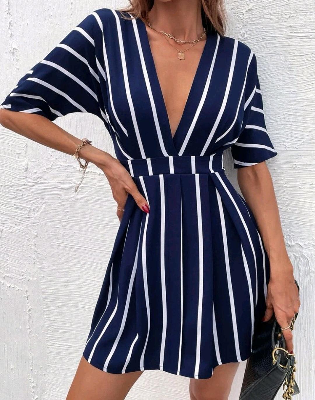 Robe à rayures décolleté à plis - Santorini Shop